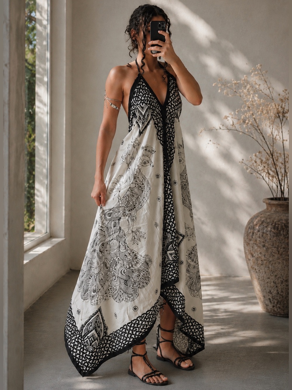 Boho Black & White Patterned Double Tie Halter Asymmetrical Hem Maxi Dress